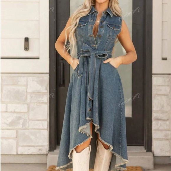 Classic Retro Waist Cinched Asymmetric Hem Front Button Sleeveless Denim Dress - Picture 1 of 5